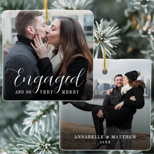 Simple Elegant Engaged 2 Photo Christmas Ceramic Ornament