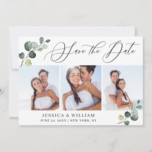Simple Elegant Eucalyptus 3 Photo Wedding Save The Date (Front)