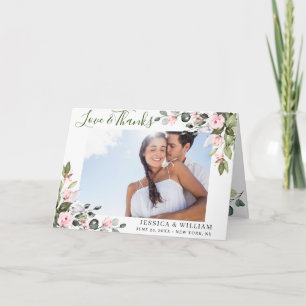 Simple Elegant Eucalyptus Blush Pink Roses PHOTO Thank You Card