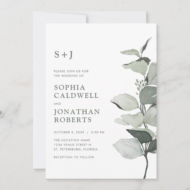 Simple Elegant Eucalyptus Botanical Sage Wedding Invitation (Front)