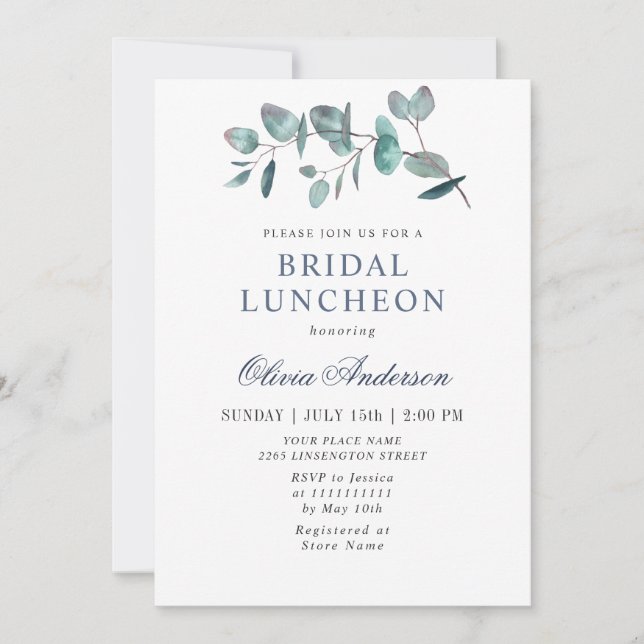 Simple Elegant Eucalyptus Bridal Luncheon Invitation (Front)