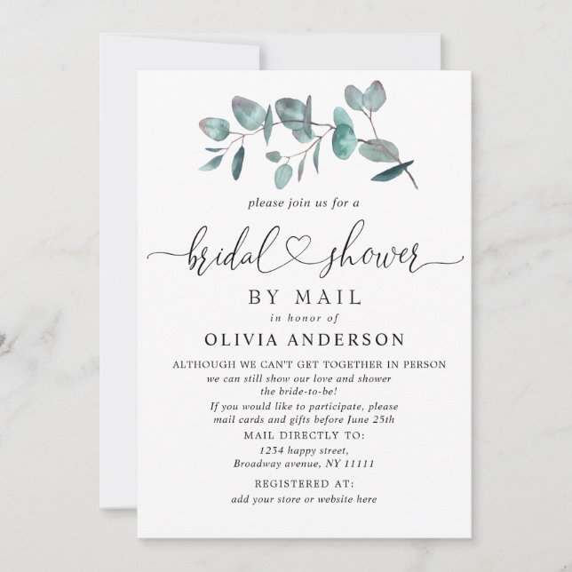 Simple Elegant Eucalyptus BRIDAL Shower By Mail Invitation (Front)