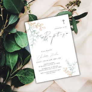Simple Elegant Eucalyptus Cross Baptism  Invitation