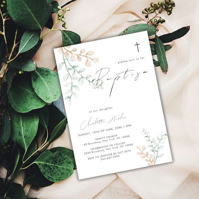 Simple Elegant Eucalyptus Cross Baptism  Invitation (Simple Elegant Eucalyptus Cross Baptism Invitation)