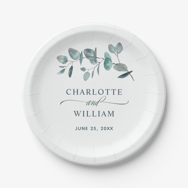 Simple Elegant Eucalyptus Floral Wedding Party Paper Plate (Front)