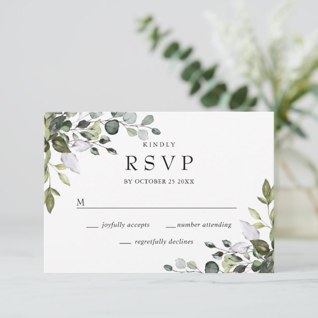 Simple Elegant Eucalyptus Greenery Wedding RSVP Card (Standing Front)