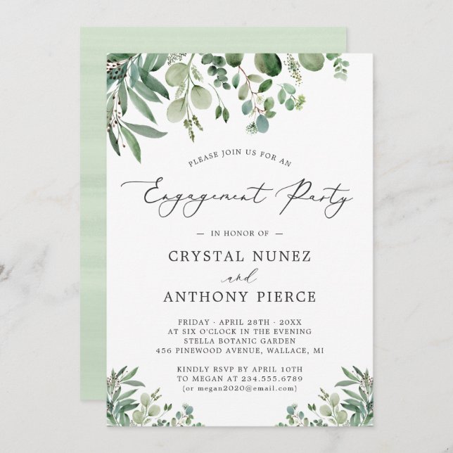 Simple Elegant Eucalyptus Leaves Engagement Party Invitation (Front/Back)
