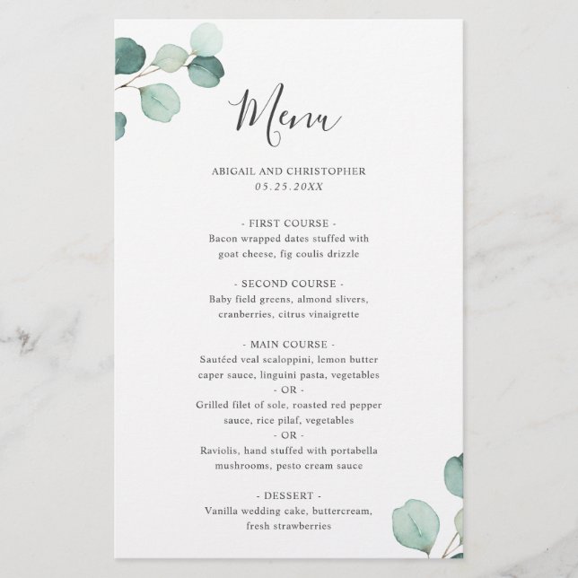 Simple Elegant Eucalyptus Rustic Wedding Menu (Front)