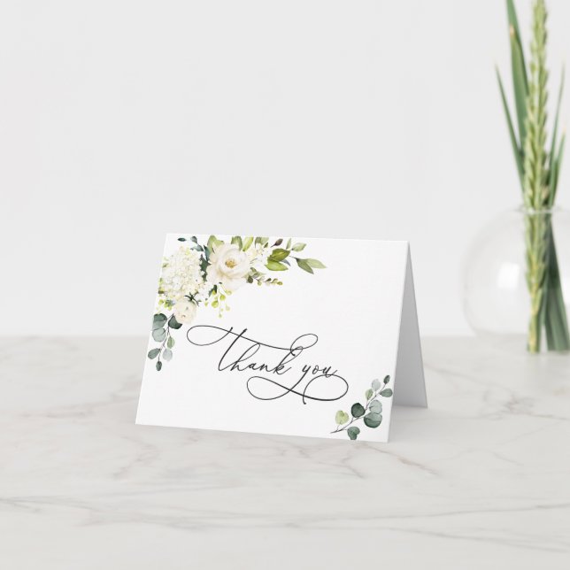Simple Elegant Eucalyptus White Roses Floral Thank You Card (Front)