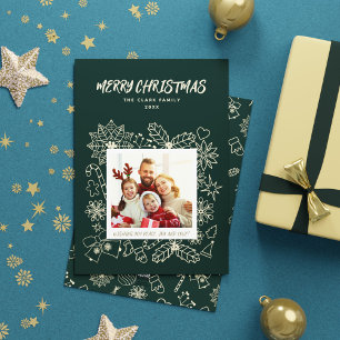 Simple Elegant Family 1 Photo Frame in Dark Green  Holiday Card