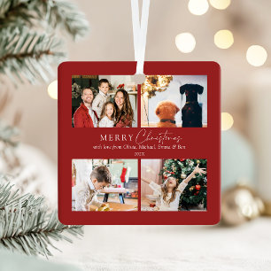 Simple Elegant Family 4 Photo Collage Christmas Metal Tree Decoration