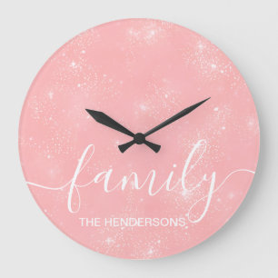 Simple Elegant Family Text Pink Large Clock