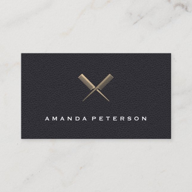 Simple Elegant Faux Black Leather Comb Crossed Business Card (Front)