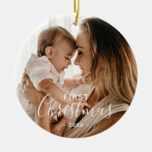 Simple Elegant First Christmas Newborn Photo  Ceramic Tree Decoration