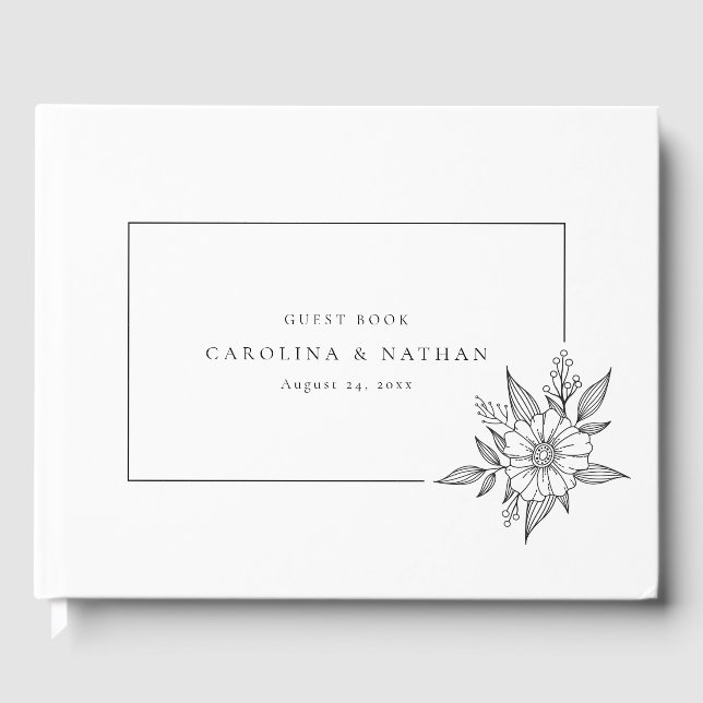 Simple Elegant Floral Black and White Wedding Guest Book (Front)