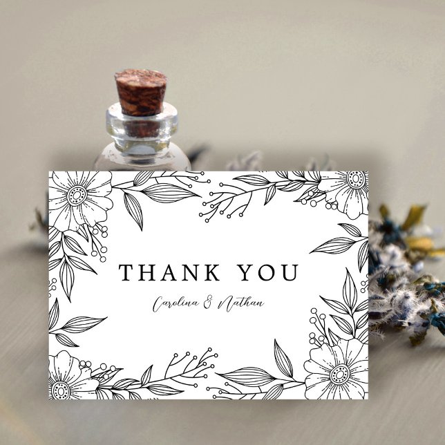 Simple Elegant Floral Black Wedding Thank You Card (Creator Uploaded)