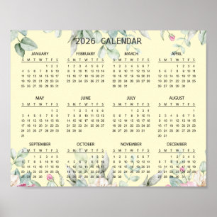 Simple Elegant Floral Botanical 2026 Calendar    Poster