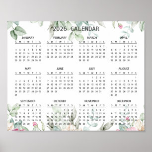 Simple Elegant Floral Botanical 2026 Calendar    Poster