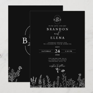 Simple Elegant Floral Botanical Black Wedding Invitation