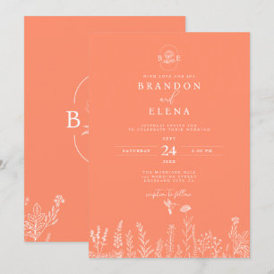 Simple Elegant Floral Botanical Coral Wedding Invitation
