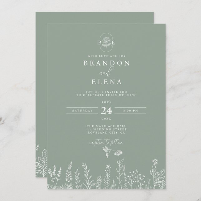 Simple Elegant Floral Botanical Sage Green Wedding Invitation (Front/Back)