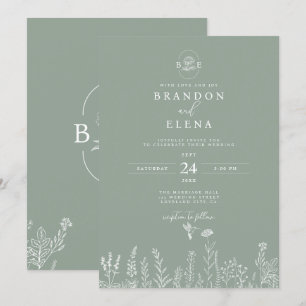 Simple Elegant Floral Botanical Sage Green Wedding Invitation