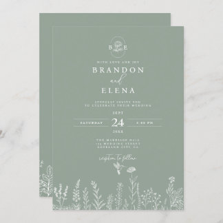 Simple Elegant Floral Botanical Sage Green Wedding Invitation