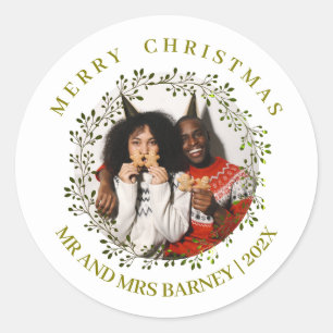 Simple Elegant Floral Christmas Family 1 Photo Classic Round Sticker