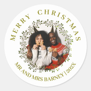 Simple Elegant Floral Christmas Family 1 Photo Classic Round Sticker