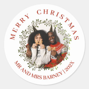 Simple Elegant Floral Christmas Family 1 Photo Classic Round Sticker