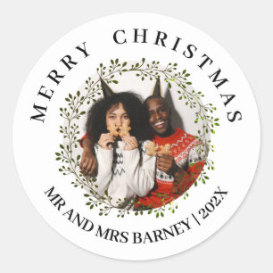 Simple Elegant Floral Christmas Family 1 Photo Classic Round Sticker