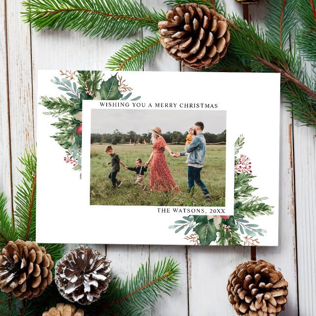 Simple Elegant Floral Christmas Photo Holiday Card (Creator Uploaded)