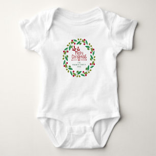 Simple Elegant Floral Christmas Wreath Family Name Baby Bodysuit