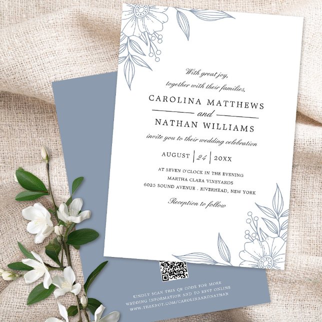 Simple Elegant Floral Corners Wedding Blue QR Code Invitation (Creator Uploaded)