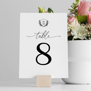 Simple Elegant Floral Crest Monogram Wedding Table Number