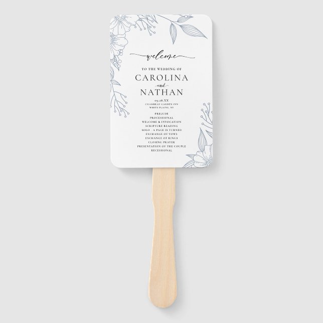 Simple Elegant Floral Dusty Blue Wedding Program  Hand Fan (Front)