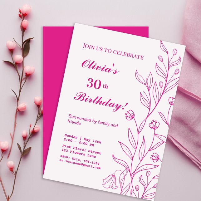 Simple Elegant Floral Hot Pink Birthday  Invitation (Creator Uploaded)