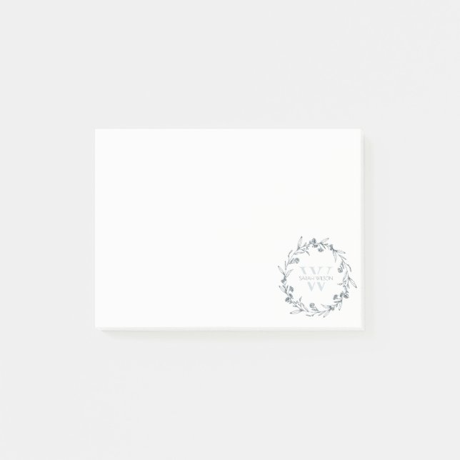 Simple Elegant Floral Laurel Wreath Monogram Post-it Notes (Front)