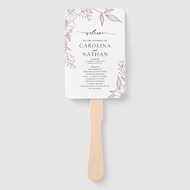 Simple Elegant Floral Mauve Wedding Program  Hand Fan (Front)