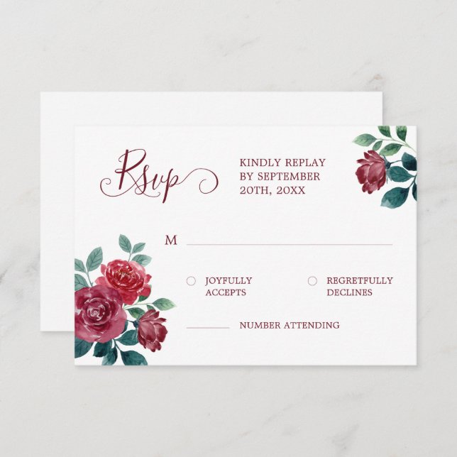Simple Elegant Floral Watercolor Burgundy Wedding RSVP Card (Front/Back)
