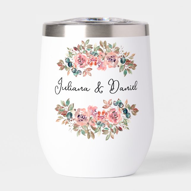 Simple Elegant Floral Wedding Thermal Wine Tumbler (Front)
