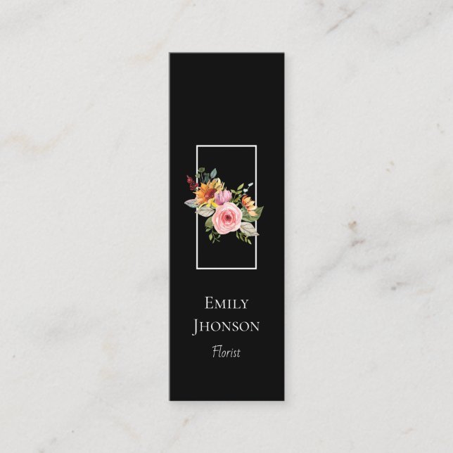 Simple Elegant Flower Black Mini Business Card (Front)