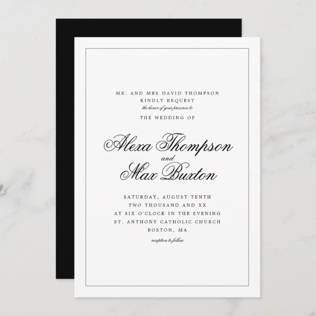 Simple Elegant Formal Black and White Wedding Invitation (Front/Back)