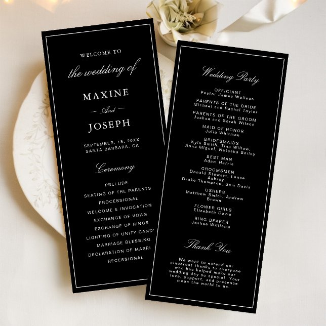 Simple Elegant Formal Black & White Wedding Programme (Simple black and white wedding program keeps guests informed with elegant style.)
