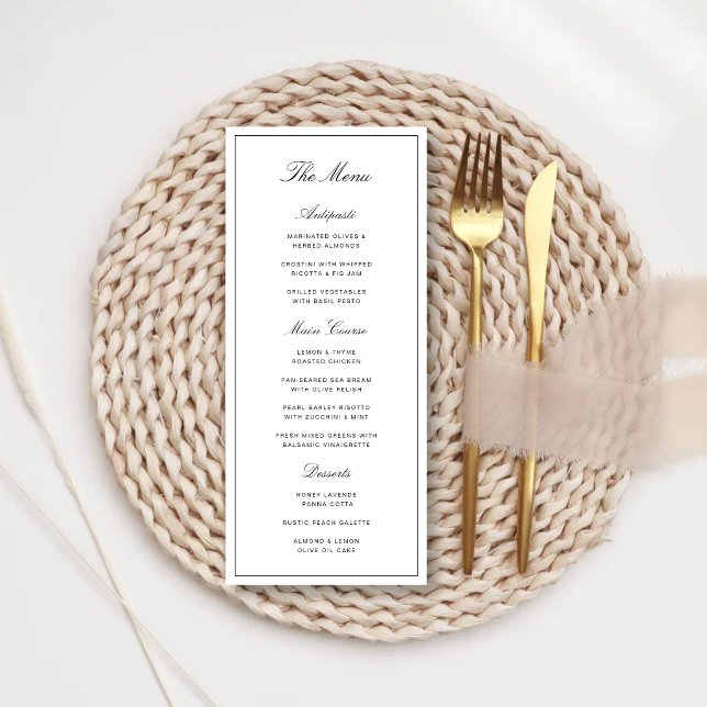 Simple Elegant Formal White & Black Wedding Menu (Elegant white and black wedding menu showcases your meal with timeless sophistication.)