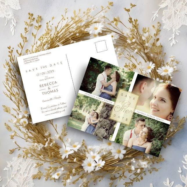 Simple Elegant Four Photos Couple in Love Announcement Postcard (Simple Elegant Four Photos Couple in Love Save the Date Card.)