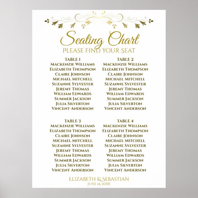 Simple Elegant Gold 4 Table Wedding Seating Chart (Front)