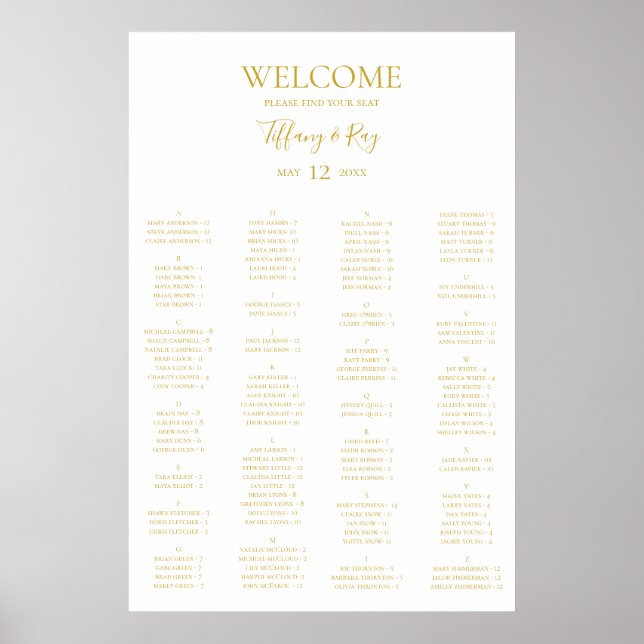 Simple Elegant Gold Alphabetical Seating Chart (Front)