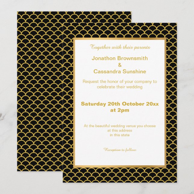 SIMPLE & ELEGANT GOLD BLACK MERMAID SCALE PATTERN INVITATION (Front/Back)