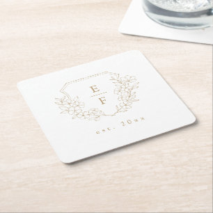 Simple Elegant Gold Cherry Blossom Monogram Crest  Square Paper Coaster